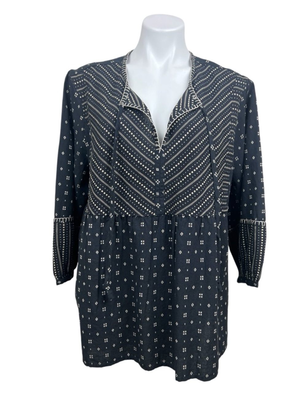 Pure Jill Black Hand Embroidered Blouse 3/4 Puff Sleeves Patterned Peasant XL